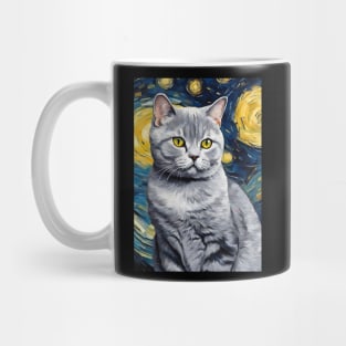 Cute British Shorthair Cat Breed Painting in a Van Gogh Starry Night Art Style Mug